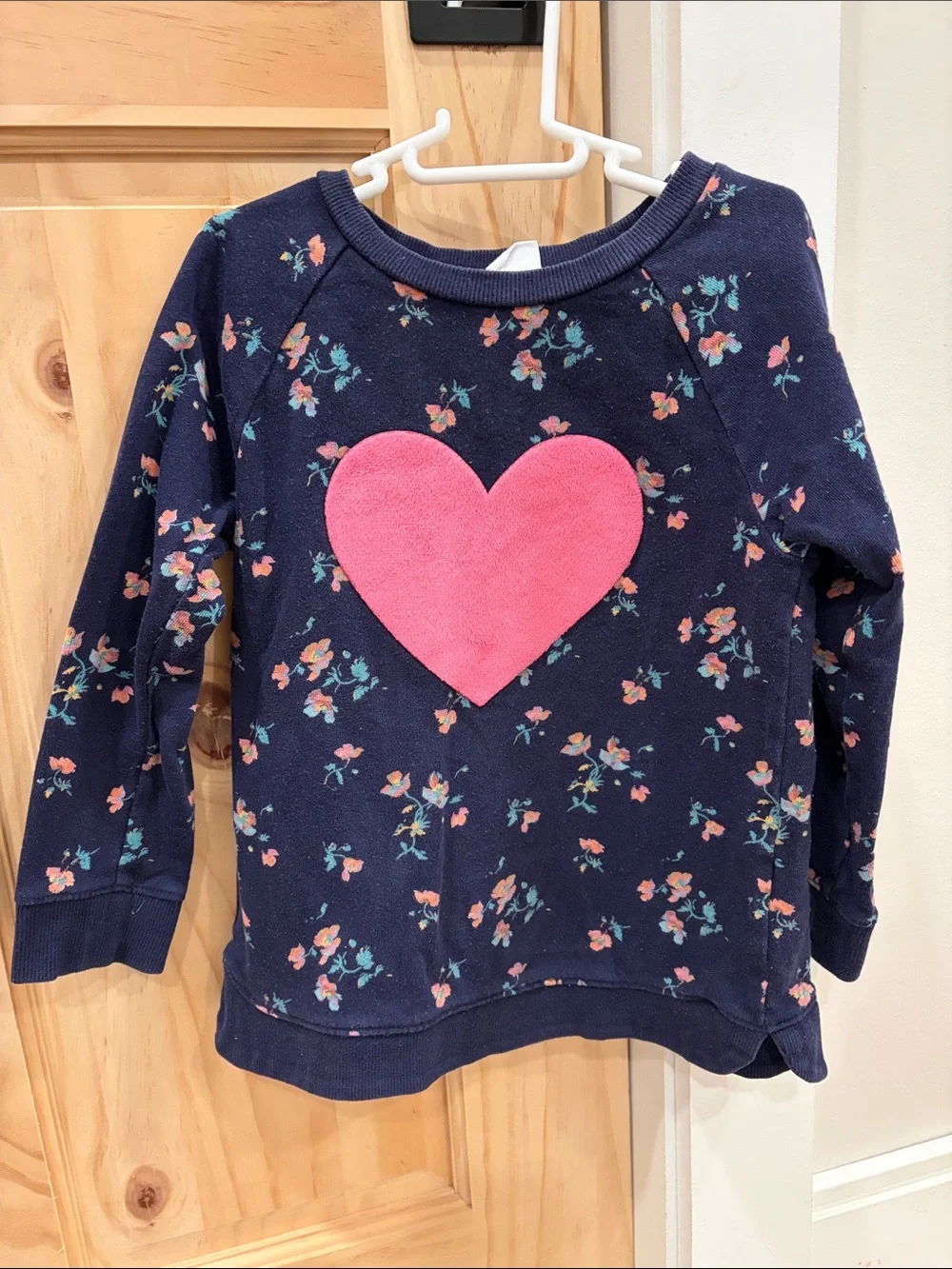 Navy Floral Sweatshirt with Pink Heart Applique